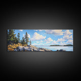 Acadia National Park, Framed Canvas Print, Acadia Watercolor Art Painting, Extra Wide Panoramic Wall Art, Horizontal Mountain Landscape Painting