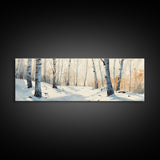 Birch Tree Forest In The Snow Covered Winter Framed Canvas Print, Panoramic Wall Art, Original Birch Tree Art, Birch Tree Painting, Horizontal Art