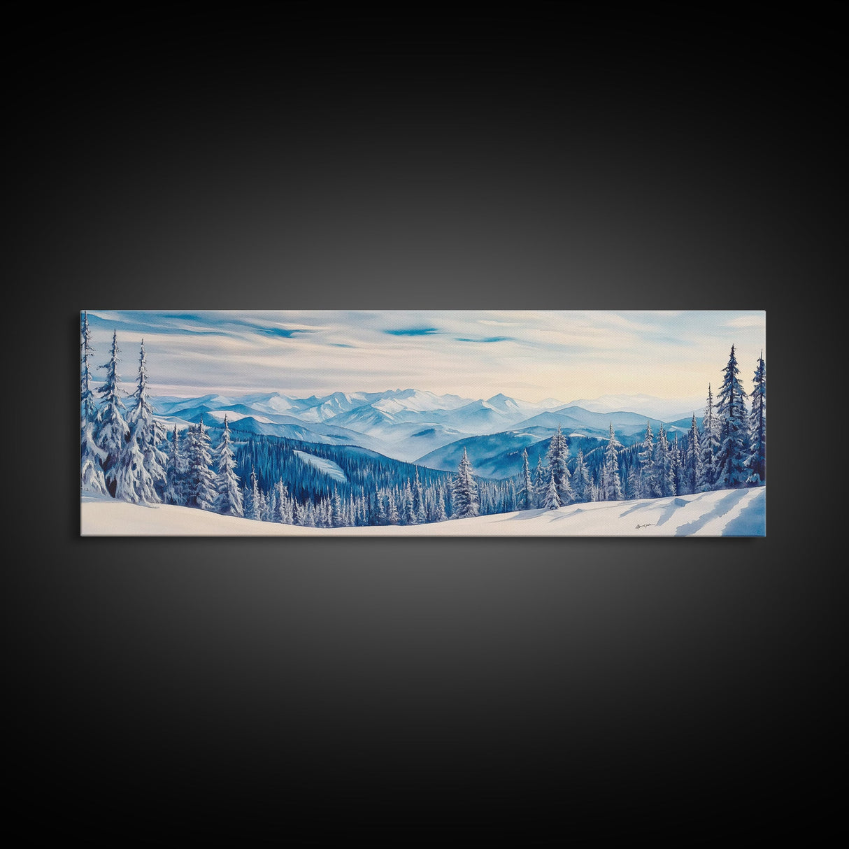 Winter Forest Landscape Painting Print, Horizontal Wall Art, Pine Tree Forest Covered in Snow, Mountain Painting, Mountain Landscape Art