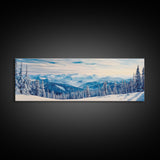 Winter Forest Landscape Painting Print, Horizontal Wall Art, Pine Tree Forest Covered in Snow, Mountain Painting, Mountain Landscape Art