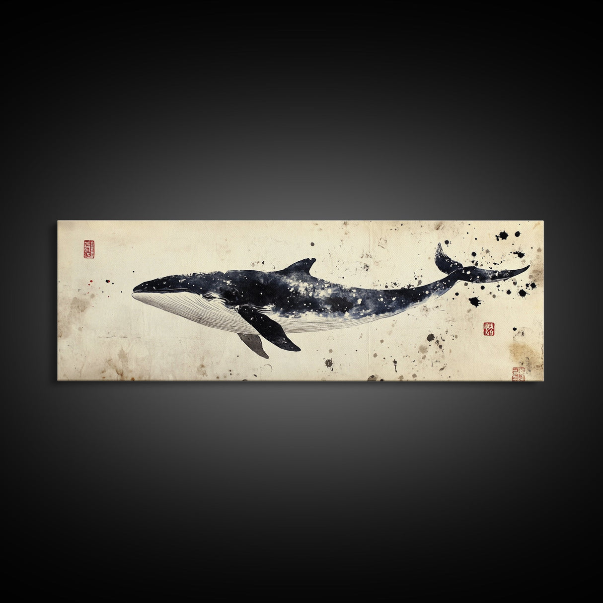 Whale Art Wabi Sabi Panoramic Oil Painting Print, Japanese Style Wall Art - Whale Decor - Whale Art Print - Living Room Decor - Minimalist