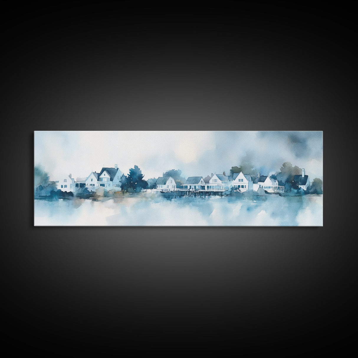 Horizontal Painting Print of Nantucket, Framed Canvas, Nautical Decor, Seascape landscape painting, Panoramic Nantucket Wall Art