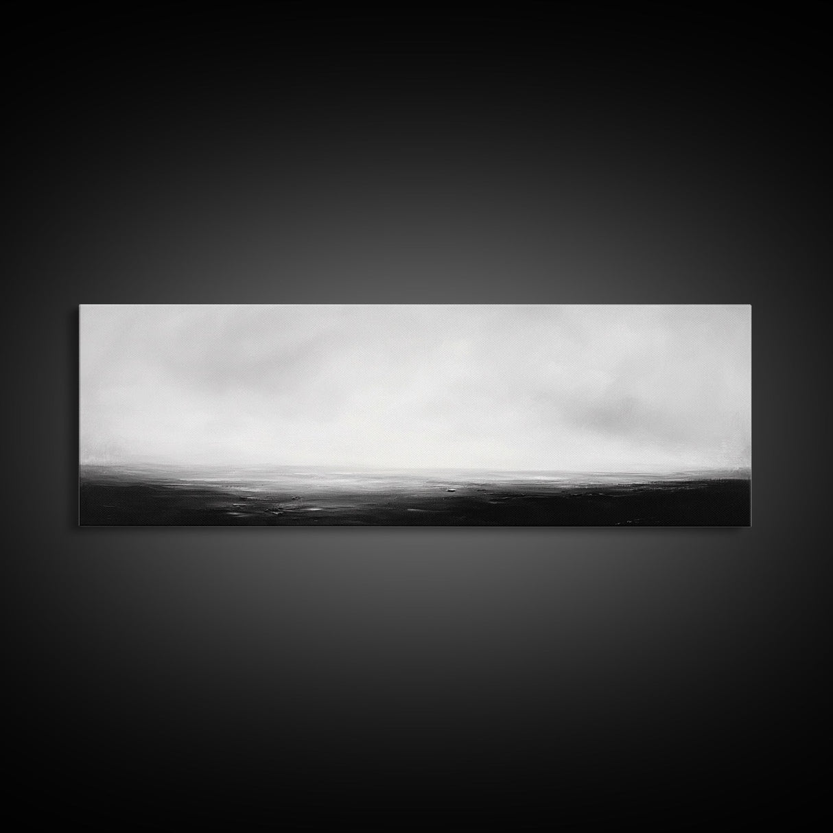 The Sea is Calm Panoramic Canvas Print, Seascape Painting, Black and White Nautical Art, Moody Decor, Muted Art, Subdued Art