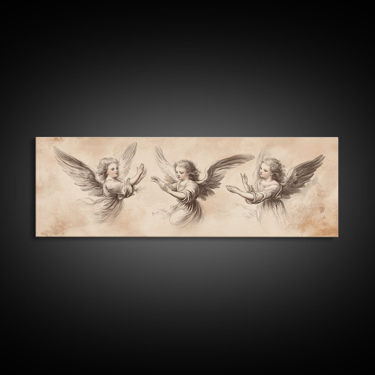 Painting of 3 Angels Canvas Print, Guardian Angels Wall Art, Angel Sketch, Angel Painting, Angelic Home Decor, Extra Wide Wall Art