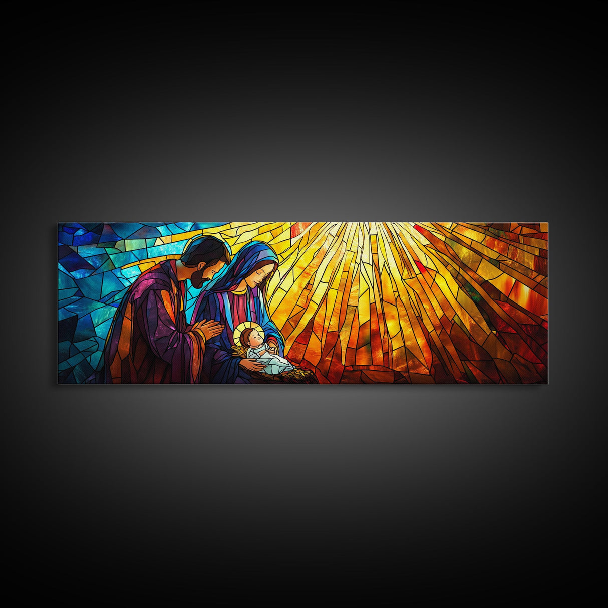 Mary and Joseph Canvas Print, Nativity Painting, Stained Glass Style Art, Nativity Wall Decor, Christmas Wall Art, Panoramic Exra Wide Art