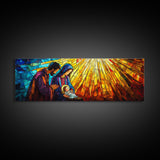 Mary and Joseph Canvas Print, Nativity Painting, Stained Glass Style Art, Nativity Wall Decor, Christmas Wall Art, Panoramic Exra Wide Art