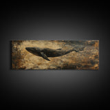 Panoramic Exra Wide Horizontal Whale Painting Print, Canvas Art, Nautical Home Decor, Wabi Sabi Whale Art, Whale Decor
