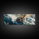 The Storm - Sailboat Battles a Hurricane Framed Canvas Print Panoramic Nautical Decor Fisherman Painting Nautical Landscape Painting