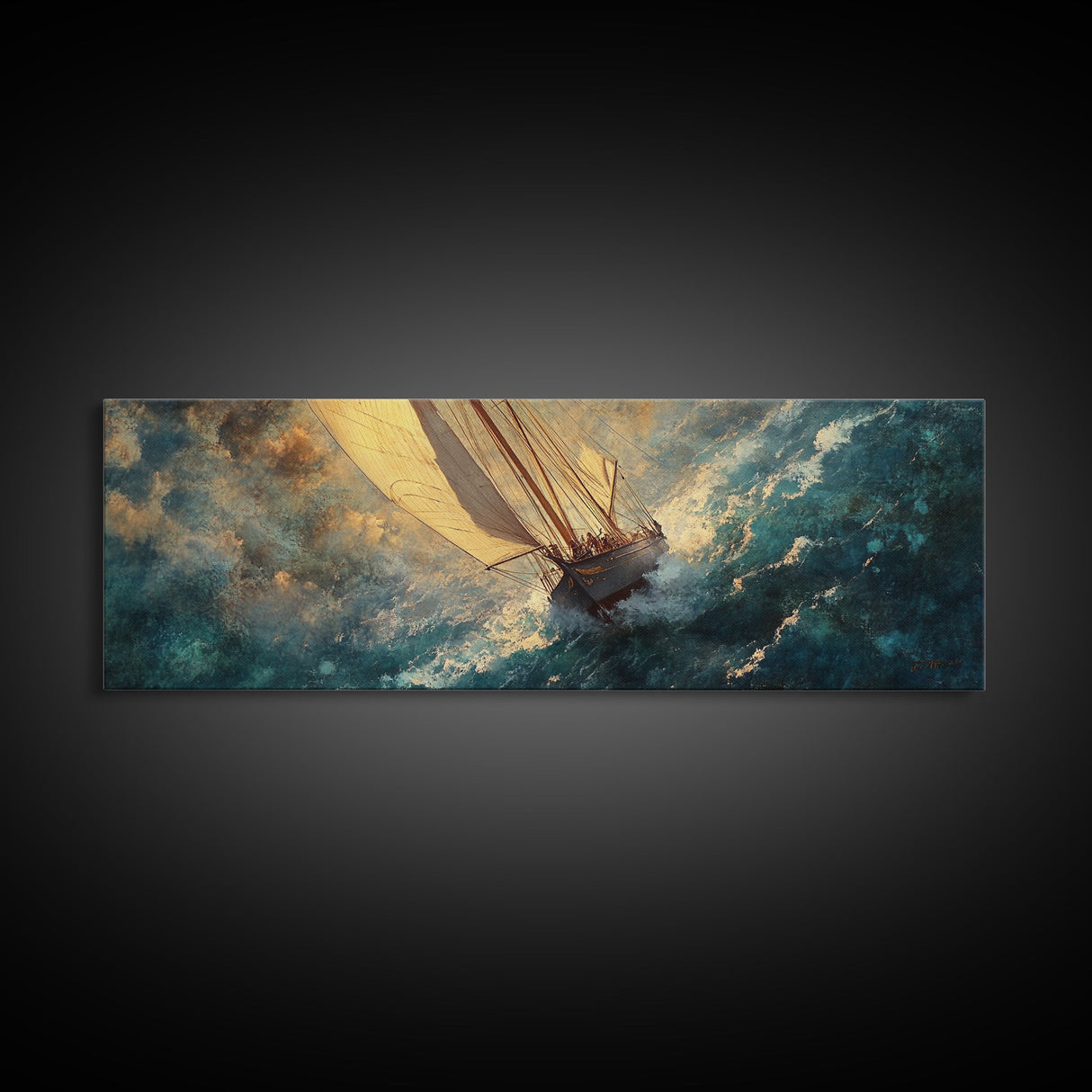 The Sailboat and the Storm Framed Canvas Print - Sailboat Painting - Nautical Decor - Hurricane Painting - Nautical Sailboat Landscape Painting