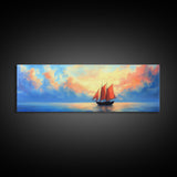 Japanese Sailboat on a Calm Sea, Framed Canvas Print, Panoramic Seascape Landscape Painting, Nautical Home Decor, Ocean Painting