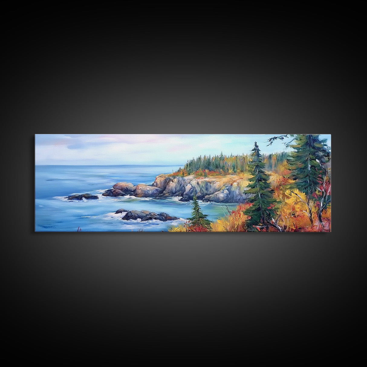 Acadia National Park, Framed Canvas Print, Acadia Watercolor Painting, Extra Wide Panoramic Wall Art, Horizontal Mountain Landscape Painting