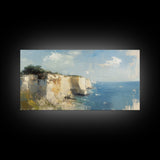 White Cliffs of Dover Framed Canvas Print, England Landscape Painting, Whimsical Wall Art, Light and Airy Eclectic Home Decor, Room Brightening