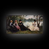 Victorian Women Having a Summer Party on the River, Framed Canvas Print, Victorian Summr Day Oil Painting Print, Whimsical Wall Art