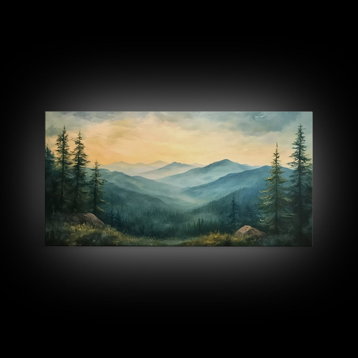 Minimalist Watercolor Painting Print of The Blue Ridge Mountains, Framed Canvas Print, Modern Landscape Painting