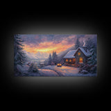 Snow Falls In The Mountains at Sunset, Framed Canvas Print, Retro Christmas Wall Art, Winter Not Christmas Wall Art, Winter Wall Art