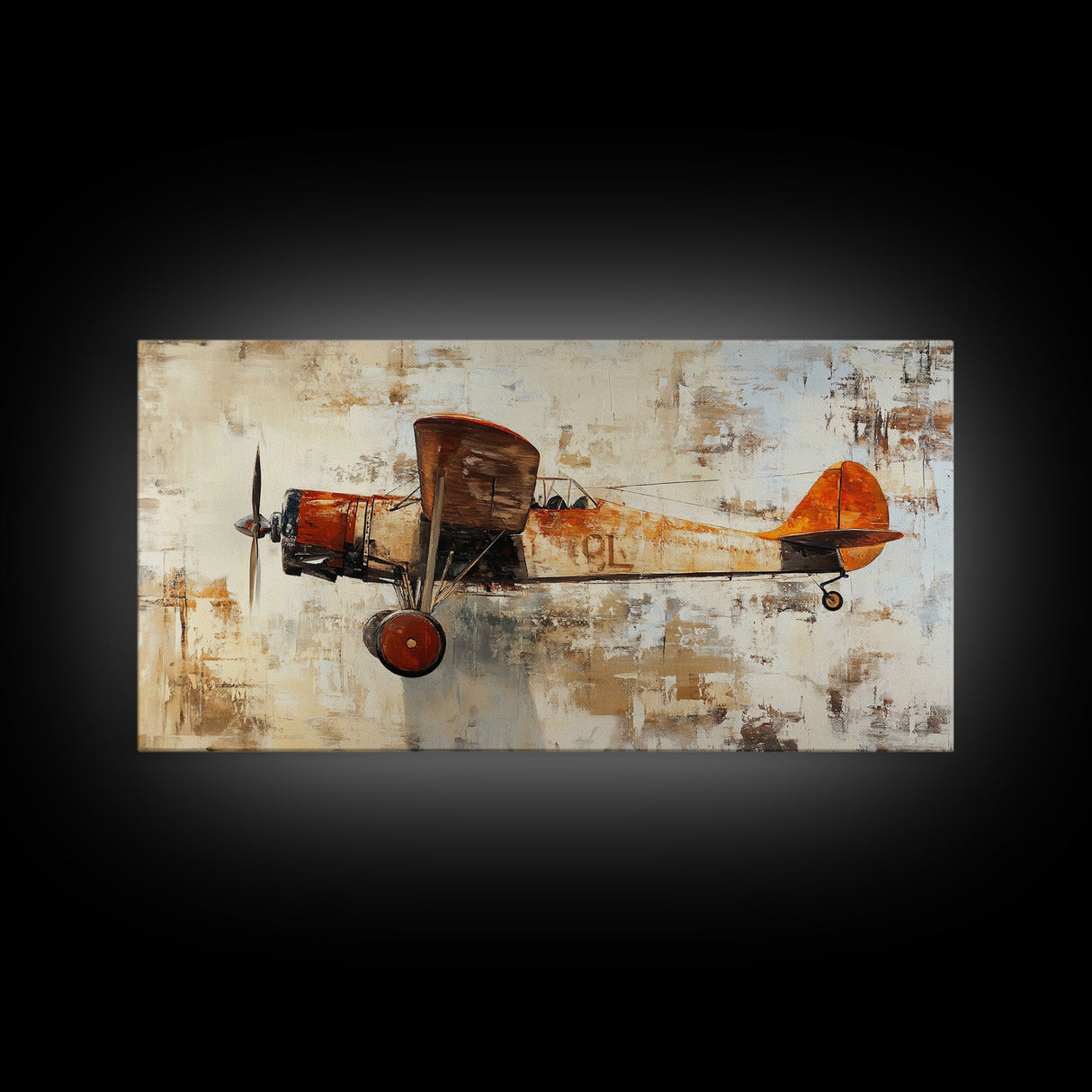 Retro 1920s Airplane In Flight Framed Canvas Print, Airplane Painting, Biplane Painting, Office Decor, Office Wall Art