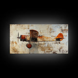 Retro 1920s Airplane In Flight Framed Canvas Print, Airplane Painting, Biplane Painting, Office Decor, Office Wall Art