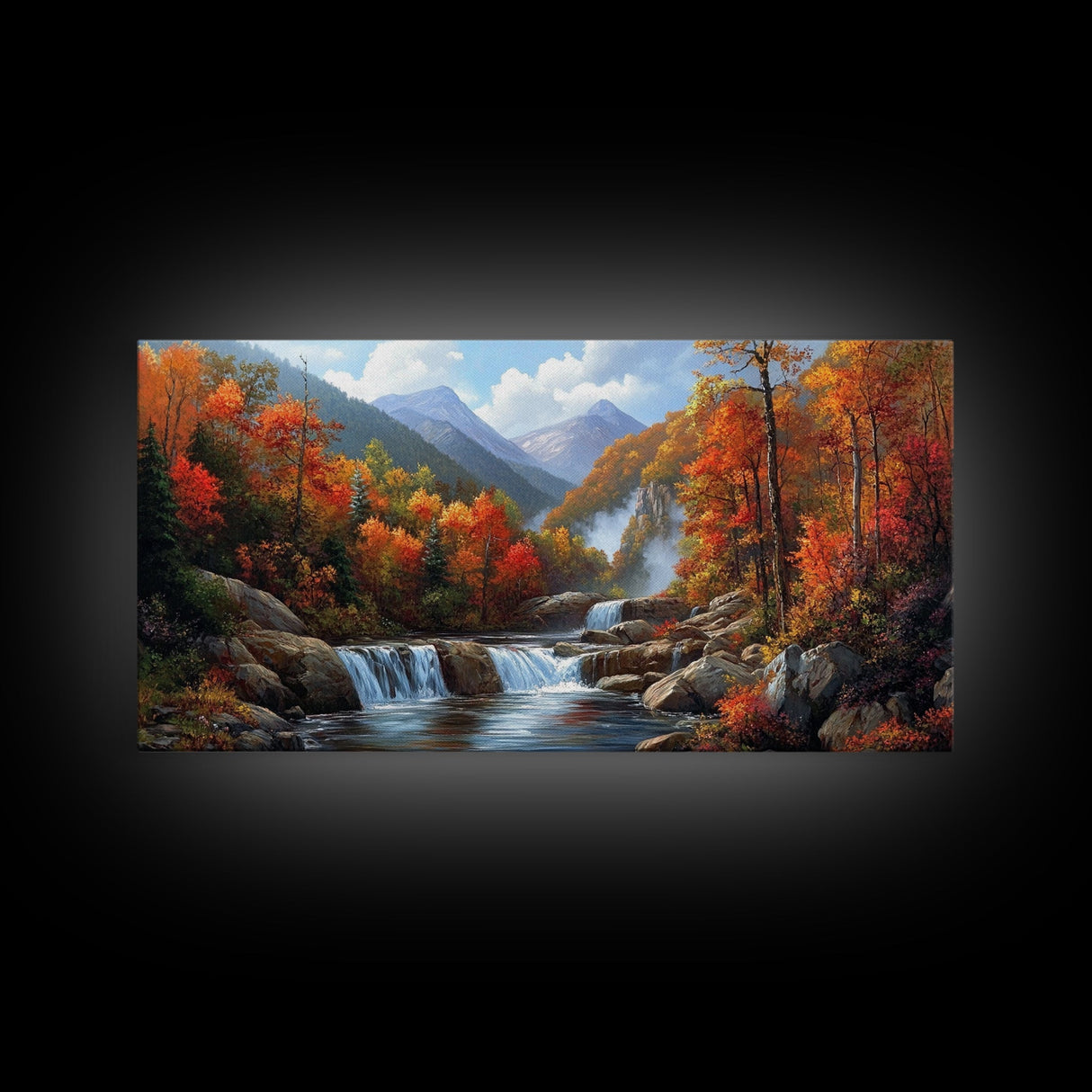 Waterfall In The Forest, Framed Canvas Print, Ready To Hang Art, Wood Frame, Landscape Oil Painting, Mountain Painting, Forest Painting
