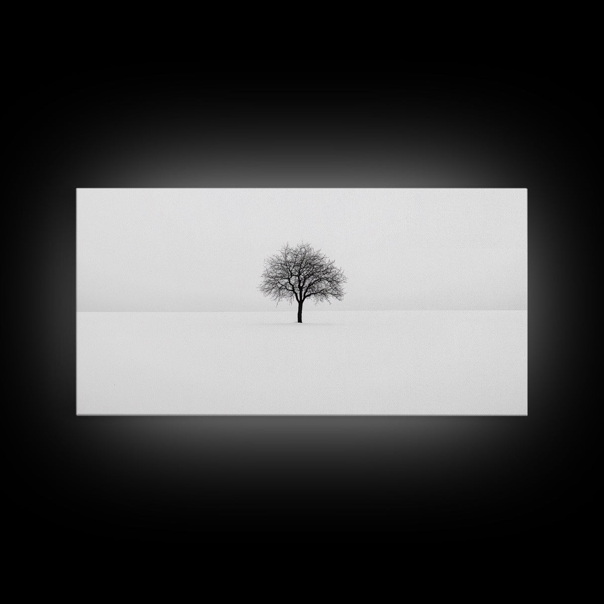 Footprints In the Snow Lead To a Lone Dead Tree - Framed Canvas Print - Ready To Hang Art - Moody Wall Art - Black and White Photography Print