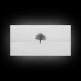Footprints In the Snow Lead To a Lone Dead Tree - Framed Canvas Print - Ready To Hang Art - Moody Wall Art - Black and White Photography Print