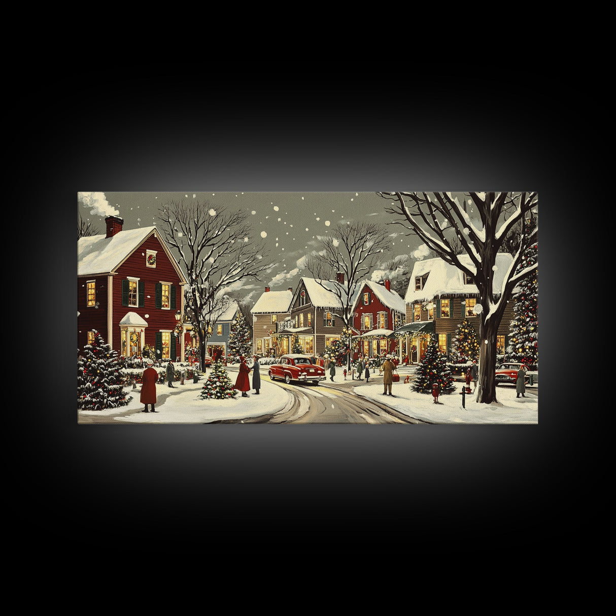 1950s Christmas Village Oil Painting on Canvas Print, Christmas home Decor, Christmas Painting, Christmas Wall Art