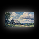 Rustic Old Barn Painting Framed Canvas Print Panoramic Rural Landscape Primitive Art Farmhouse Home Decor Barn Wall Art Ready To Hang