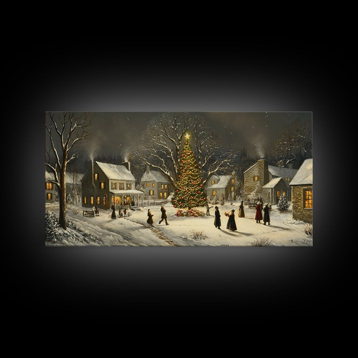 Winter Street Scene - Victorian Christmas Village Oil Painting Print - Ready To hang Christmas Art - Christmas Wall Art - Cozy Christmas Print
