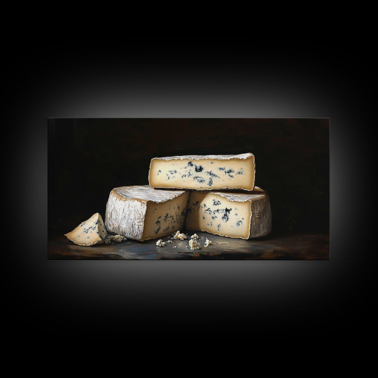 Still Life of Bleu Cheese - Frame Canvas Print - Kitsch Home Decor - Eclectic Kitchen Wall Art - Funny Kitchen Art - Cheese Painting - Cheese Art