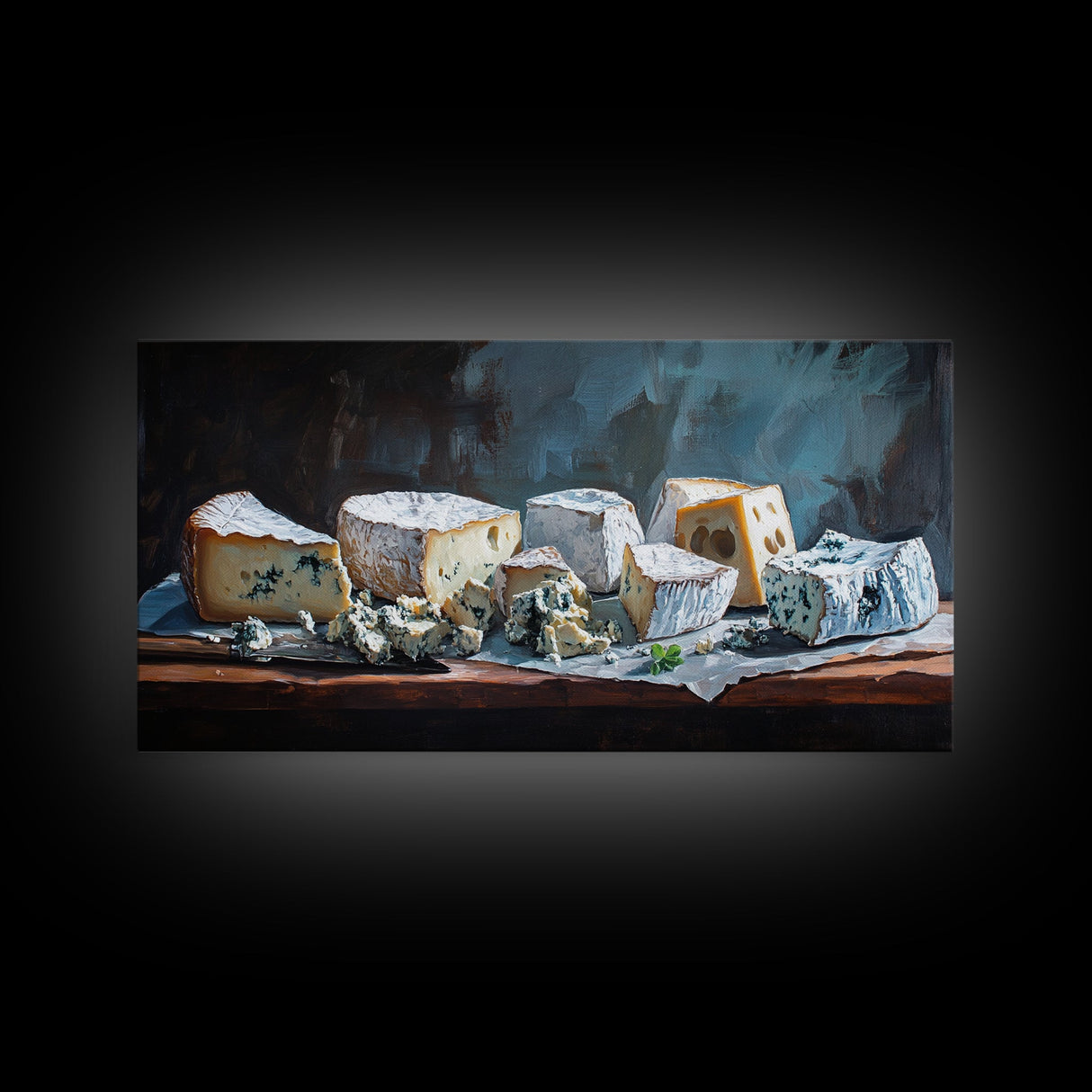 Oil Painting of Bleu Cheese Framed Canvas Print - Funky Kitchen Art - Ready To Hang - Painting For Kitchen - Eclectic Home Decor - Kitsch Kitchen