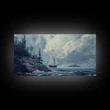 Pirate Ship Off The Coast, Framed Canvas Print, Wood Framed Art, Nautical Decor, Sailboat Painting