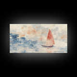 Sailboat sails at Dawn Framed Canvas Print - Nautical Decor - Coastal Decor - Neutral Seascapes Painting - Modern Wall Art