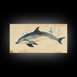 Retro Minimalist Dolphin Painting, Dolphin Home Decor, Framed Canvas Print, Nautical Decor, Elegan Japanese Style Artwork, Wabi Sabi Art
