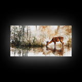 Young Doe Drinking Water In The Forest Framed Canvas Print, Painting of a Deer drinking Water, Gift for Hunter, Outdoorsman Gift, Cabin Art