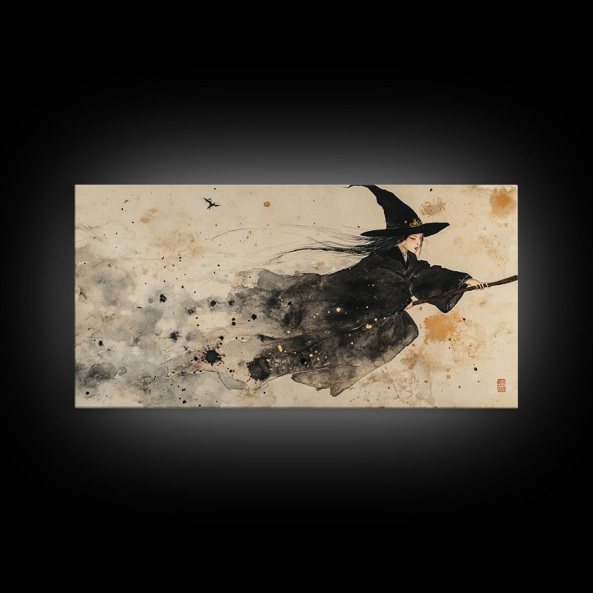Wabi Sabi Witch Rides Her Broom - Framed Canvas Print - Witch Painting - Witchy Wall Art - Witch Decor