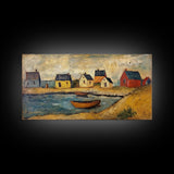 Nautical Landscape Canvas Print, 19th Century Folk Art Seascape Painting, Nautical Decor, Retro Minimalist Seaside Village Oil Painting