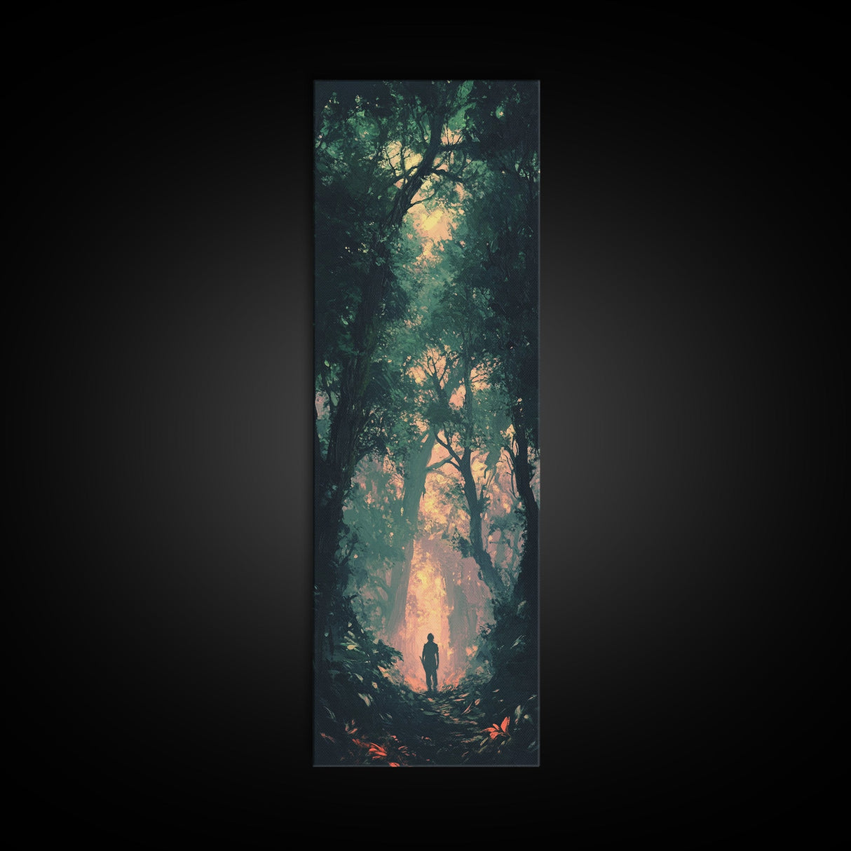 Forest at Dusk Painting Framed Canvas Print Long Narrow Wall Art, Rustic Decor Above Couch Art, Tall Skinny Art Gift Idea Christmas