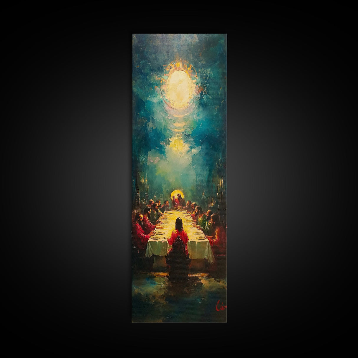Last Supper Wall Art Framed Canvas Print Vibrant Christ Apostles Painting, Christian Art, Dark Religious Decor, Unique Holiday Gift, Spiritual Canvas
