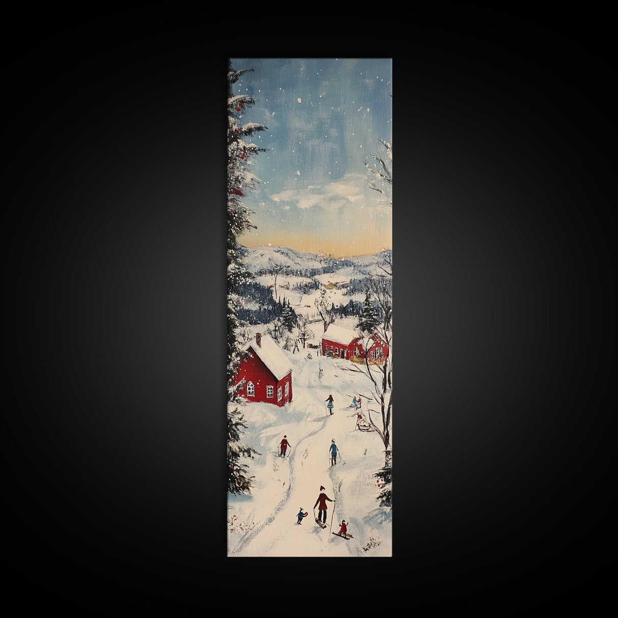 Snowy village painting peaceful Christmas scene framed canvas print, winter wonderland town, cozy holiday decor wall art gift idea