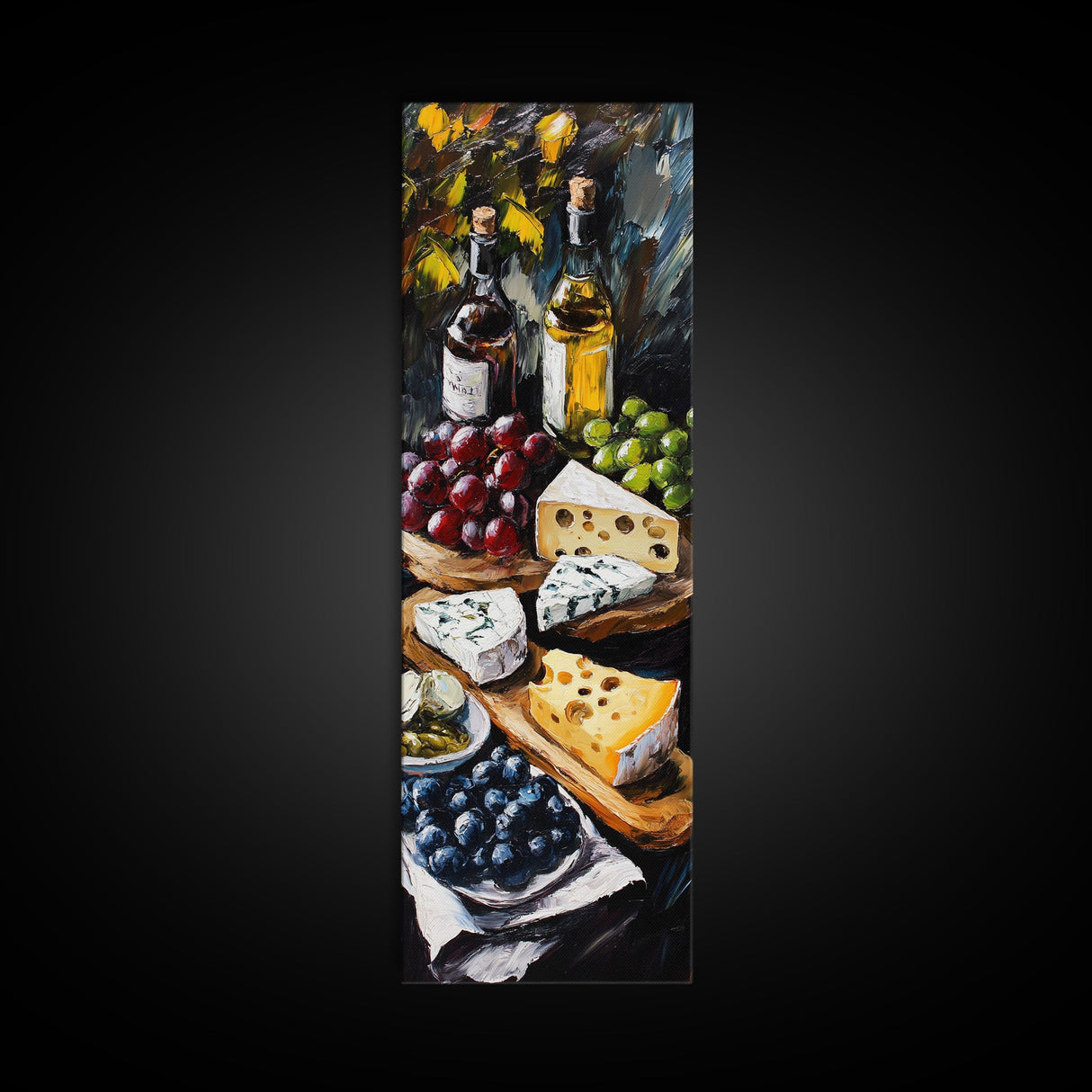 Framed Canvas Print Cheese and Wine Scene Painting Kitchen Wall Art Farmhouse Decor Rustic Art Culinary Print