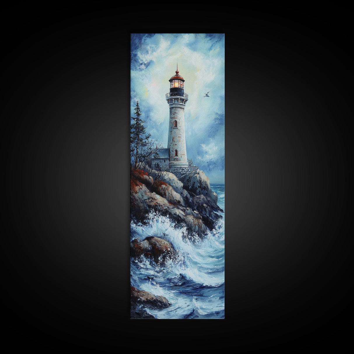 Framed Canvas Print Lighthouse Coastal Decor Nautical Painting Moody Art Ideal Tall Skinny Wall Art Living Room Above Sofa Coastal Painting