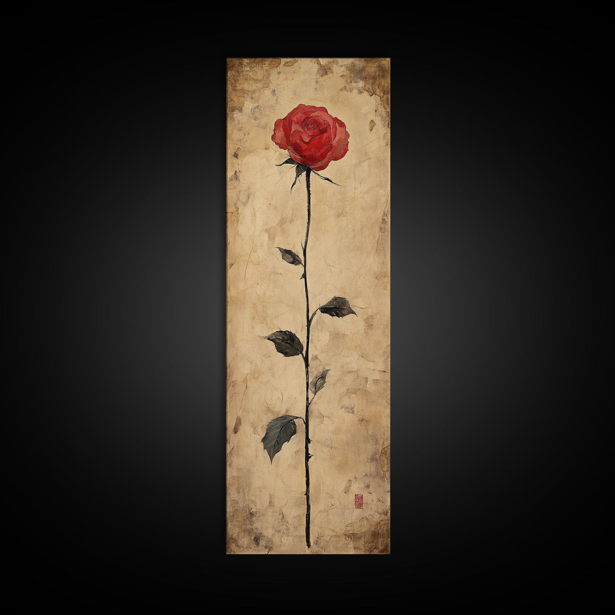 Framed Canvas Print of Elegant Red Rose, Botanical Art, Rustic Wall Art, Gift Idea, Minimalist Nature Art, Above Bed Wall Art