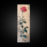Red Rose Art Print Canvas Print, Japanese Inspired Rose Painting, Long Narrow Wall Art, Tall Skinny Art, Framed Canvas Print, Boho Wall Art