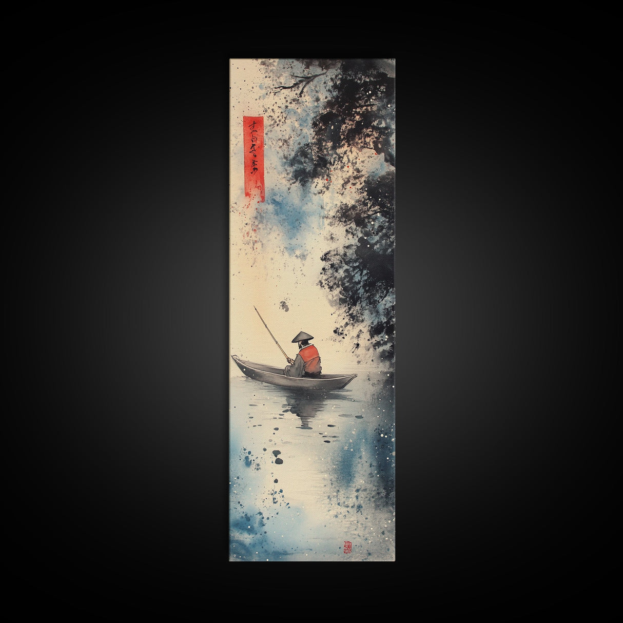 Fisherman in Boat Painting Canvas Print, Japanese Fishing Scene, Coastal Wall Art, Nautical Decor, Tall Narrow Art, Framed Canvas Print, Coastal Decor
