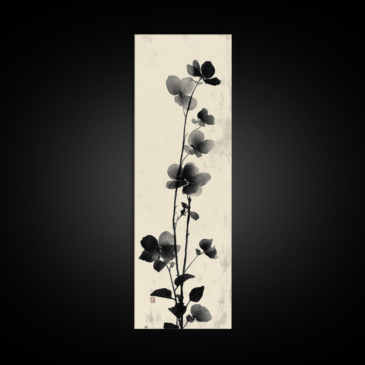 Framed Canvas Print Cherry Blossom Painting Black and White Floral Art, Wabi Sabi Decor, Japanese-Inspired Wall Art, Skinny Canvas Gift