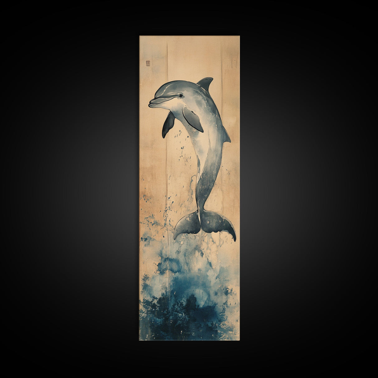 Framed Canvas Print Blue Dolphin Painting Coastal Nautical Wall Art, Beach-Inspired Above Bed Art, Boho Coastal Living Room Decor, Gift Him