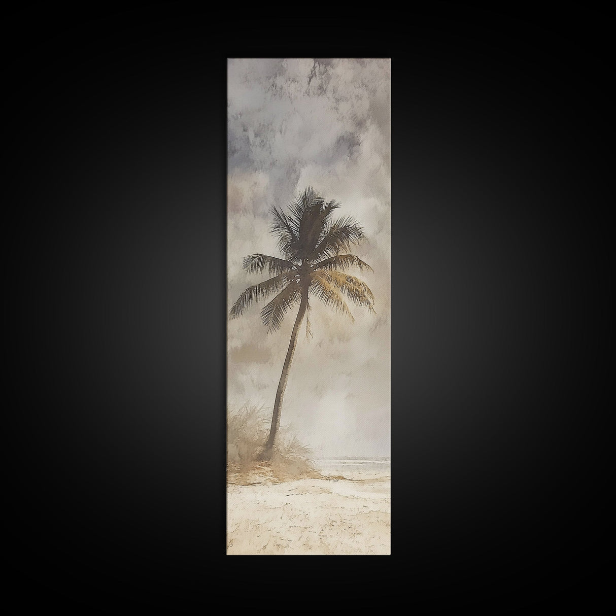 Framed Canvas Print Moody Palm Tree Painting, Coastal Landscape Art, Wabi Sabi Art, Above Sofa Wall Decor, Rustic Beach Scene Print
