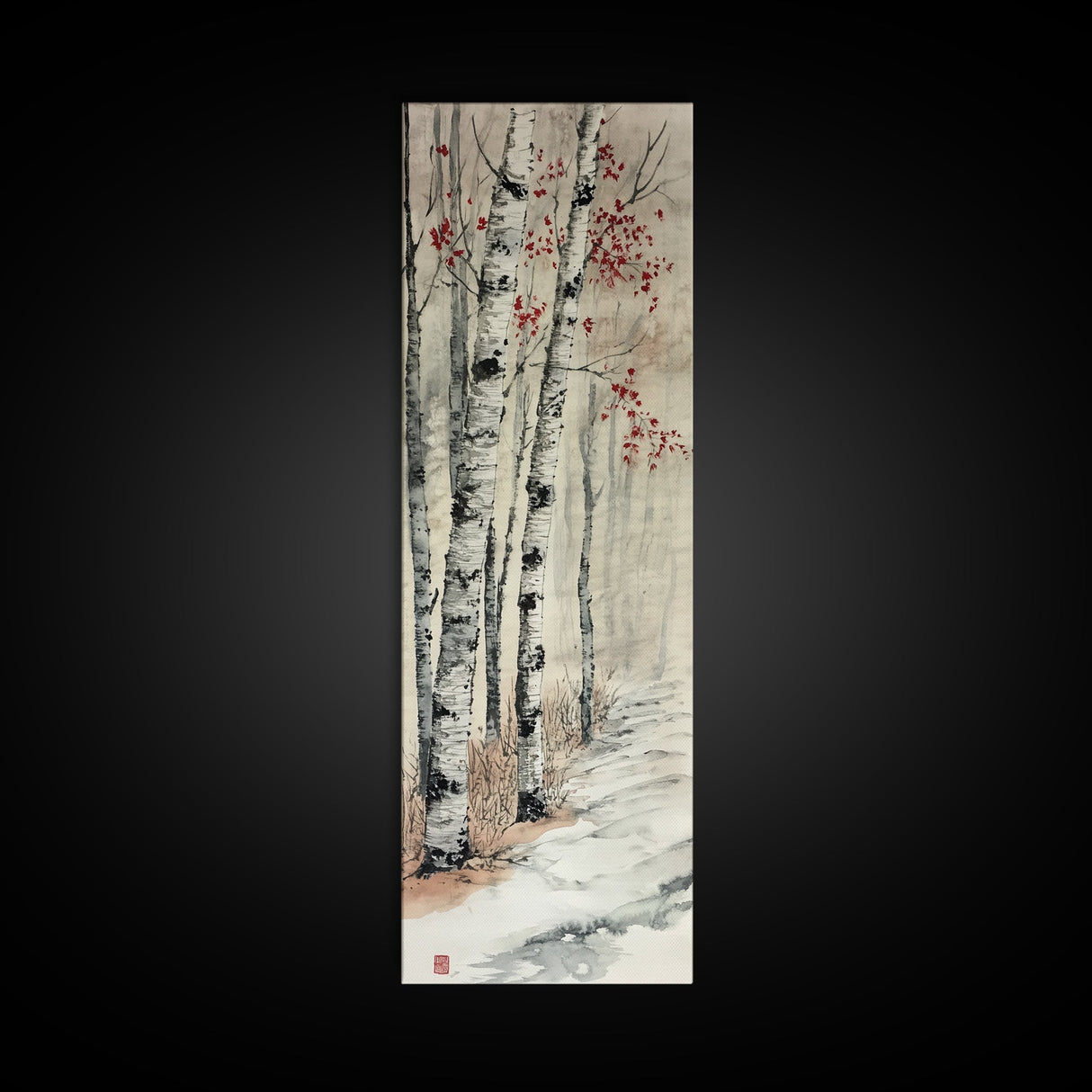 Winter Birch Forest Canvas Print – Wabi Sabi Art, Skinny Wall Art, Moody Winter Scene, Birch Tree Painting, Minimalist Art, Bedroom Wall Decor