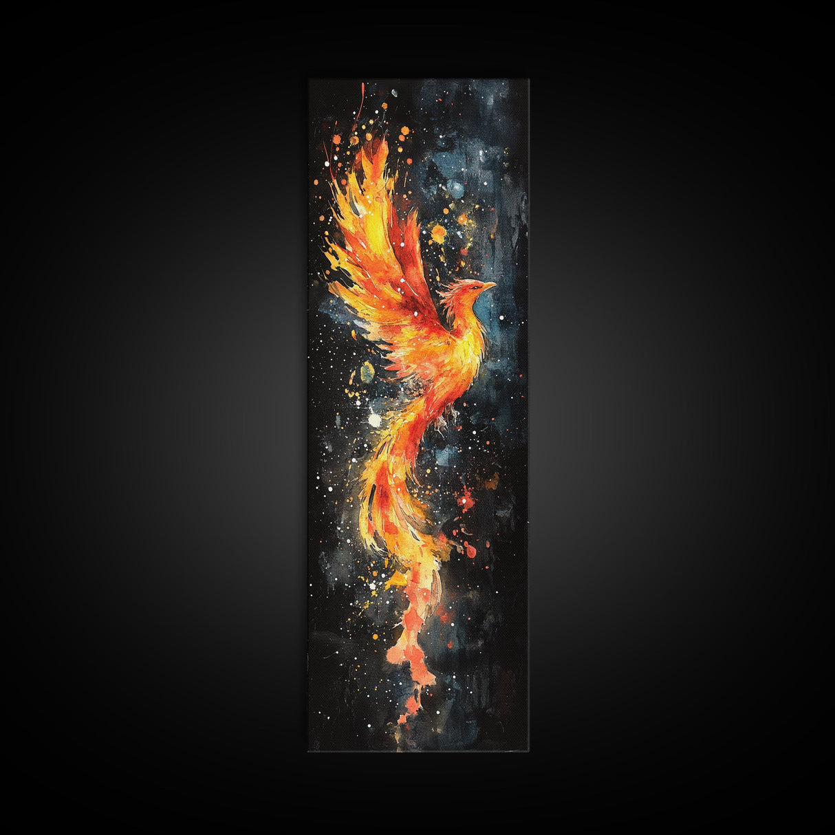 Flaming Phoenix Illustration Canvas Print, Tall Skinny Art for Bedroom Decor, Mythical Creature Wall Art with Framed Option, Space Art