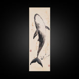 Minimalist Whale Ink Art Depicting Graceful Humpback Whale – Elegant Black and White Framed Canvas Print for Nautical or Coastal Decor