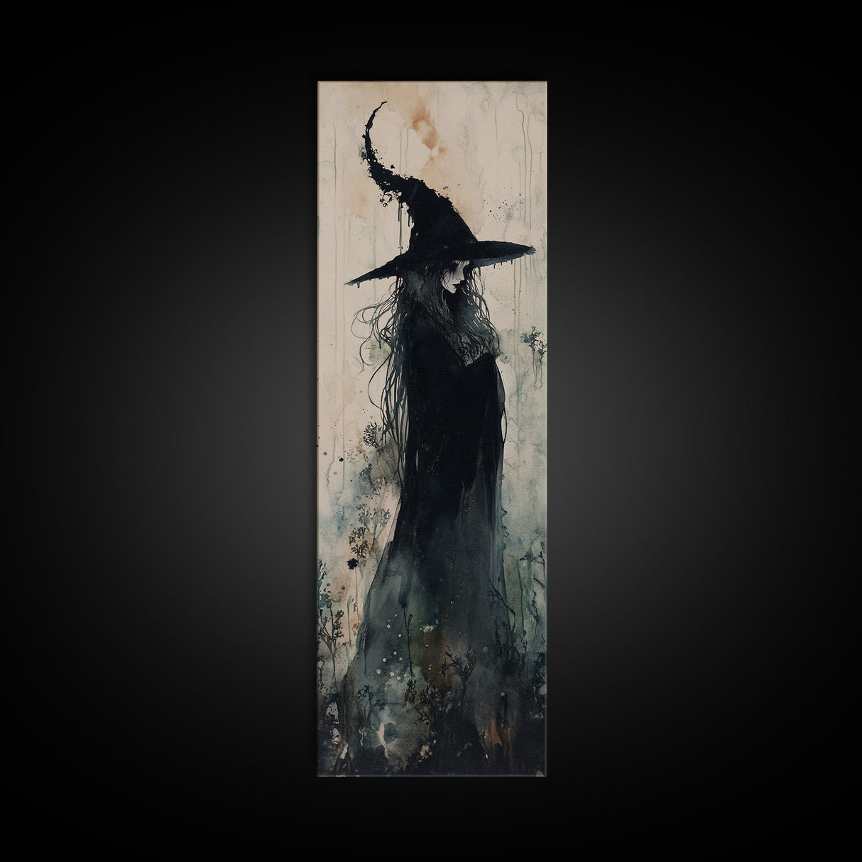 Mystical Witch in Black Forest Art - Framed Canvas Print for Halloween, Gothic Decor, Witch Art, Dark Home Decor, Long Wall Art